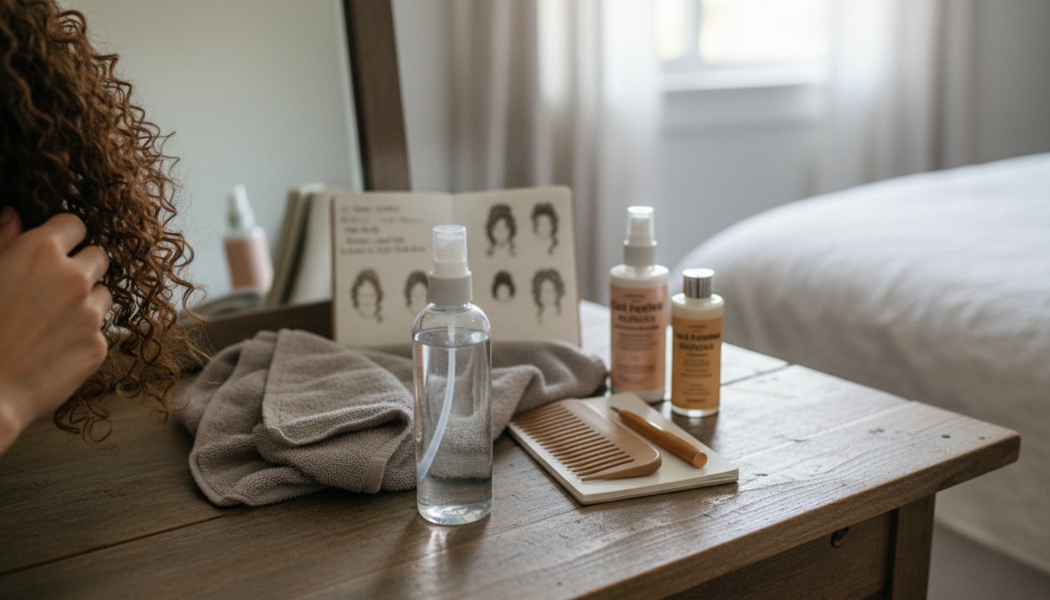 Primo piano di mani femminili che applicano una crema modellante su ciocche di capelli ricci bagnati con texture a spirale ben visibile, su sfondo neutro chiaro