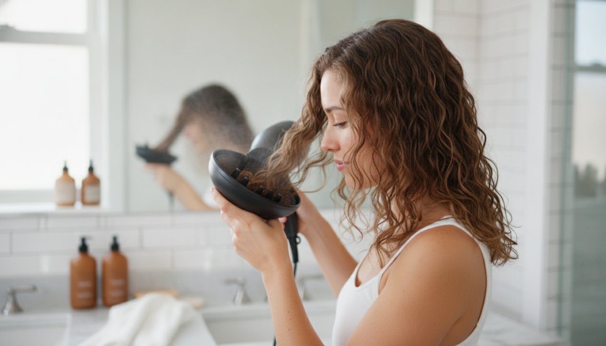 Donna con capelli mossi naturali bagnati e ben definiti che tiene un asciugacapelli con diffusore in un bagno luminoso, inclinando la testa di lato per diffondere le onde dalla radice