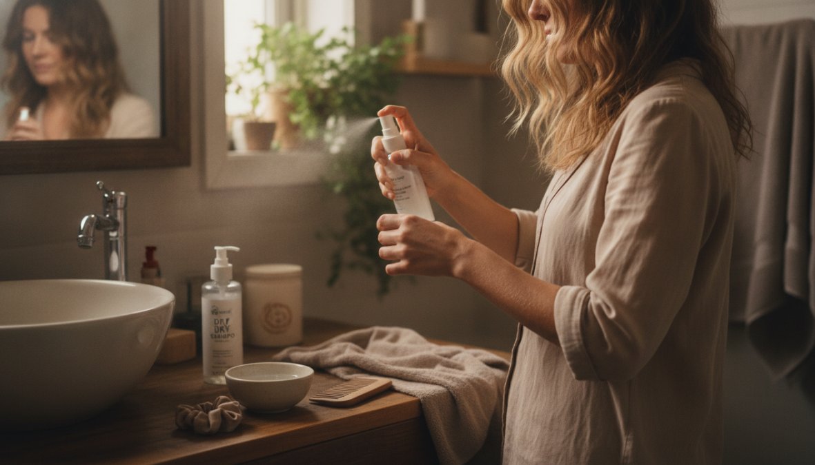 Primo piano di capelli mossi ondulati e lucenti con onde naturali ben definite e senza crespo, illuminati da luce naturale laterale su sfondo neutro chiaro