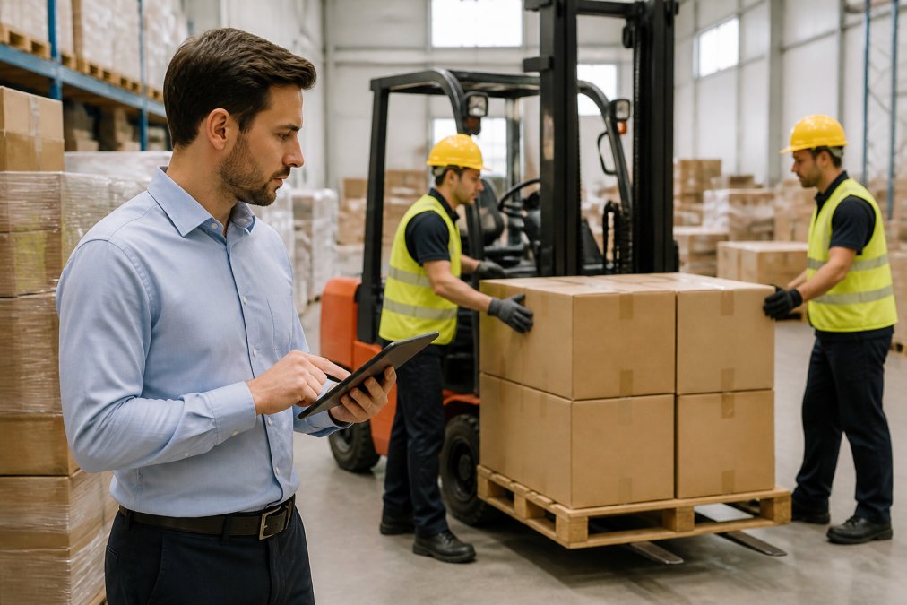 Responsabile di produzione in un magazzino industriale che consulta un tablet mentre coordina due operai che spostano merce su un carrello elevatore, ambiente luminoso e ordinato