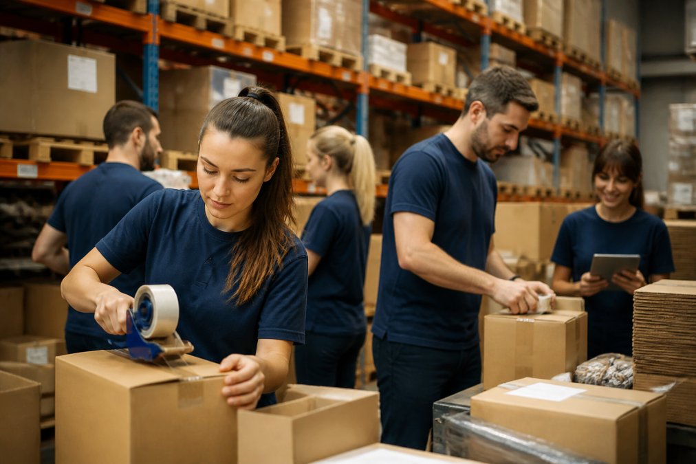 Team di operatori di magazzino che lavorano insieme durante un periodo di picco, con attività di picking e imballaggio in corso, ambiente dinamico e organizzato