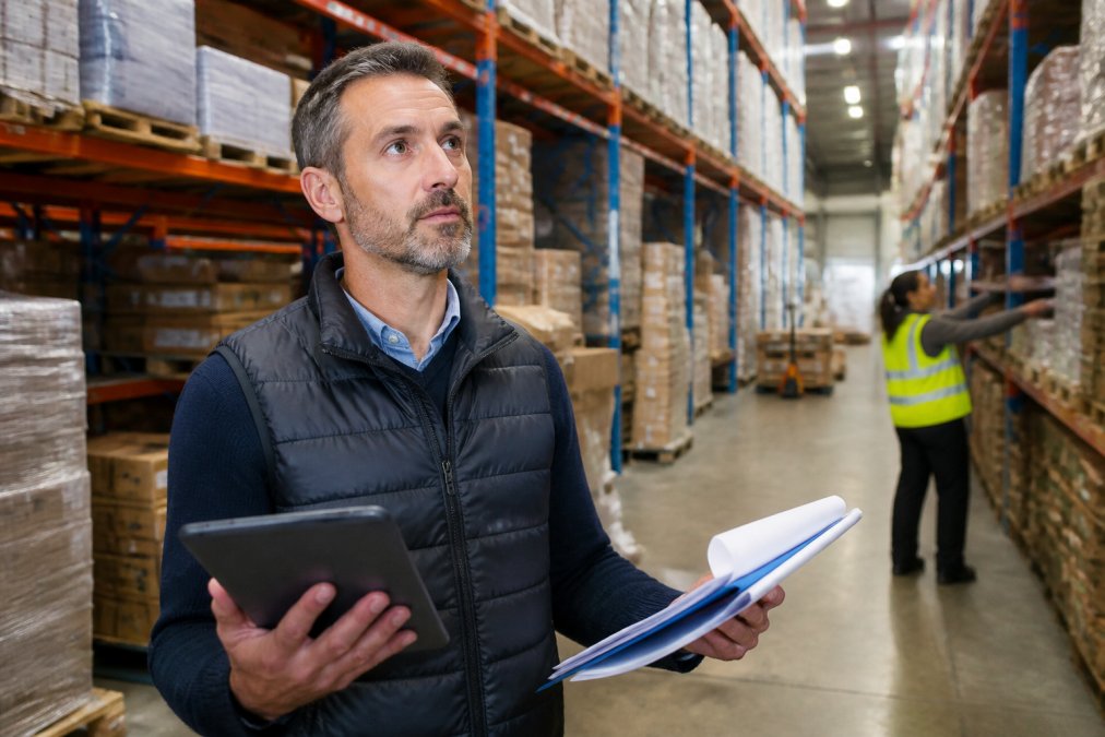 Responsabile di magazzino che controlla l'inventario e la disposizione del layout, con documenti e tablet in mano, area di stoccaggio ottimizzata sullo sfondo
