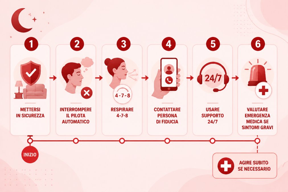 Flowchart dei primi passi durante una crisi notturna: 1) mettersi in sicurezza, 2) interrompere il pilota automatico, 3) respirare 4-7-8, 4) contattare persona di fiducia, 5) usare supporto 24/7, 6) valutare emergenza medica se sintomi gravi