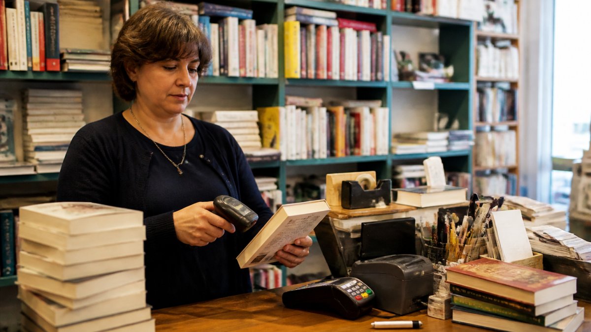 Libraia controlla i dati di vendita al computer per integrare dati online e offline nel retail della sua libreria.