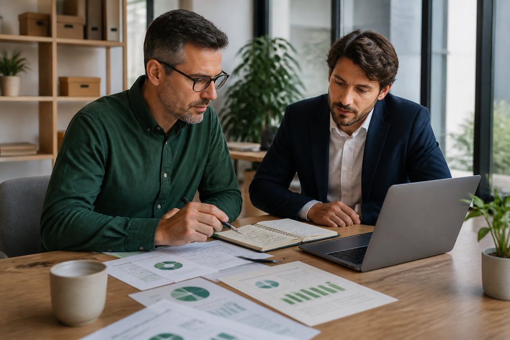 Imprenditore e consulente analizzano i KPI per gli obiettivi ESG PMI su un laptop in ufficio