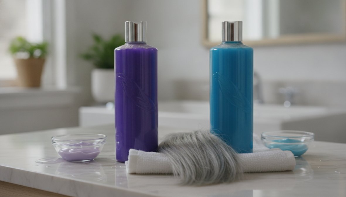 Primo piano di due flaconi di shampoo tonalizzante, uno viola e uno blu, su un ripiano bianco del bagno accanto a ciocche di capelli biondi, luce naturale diffusa