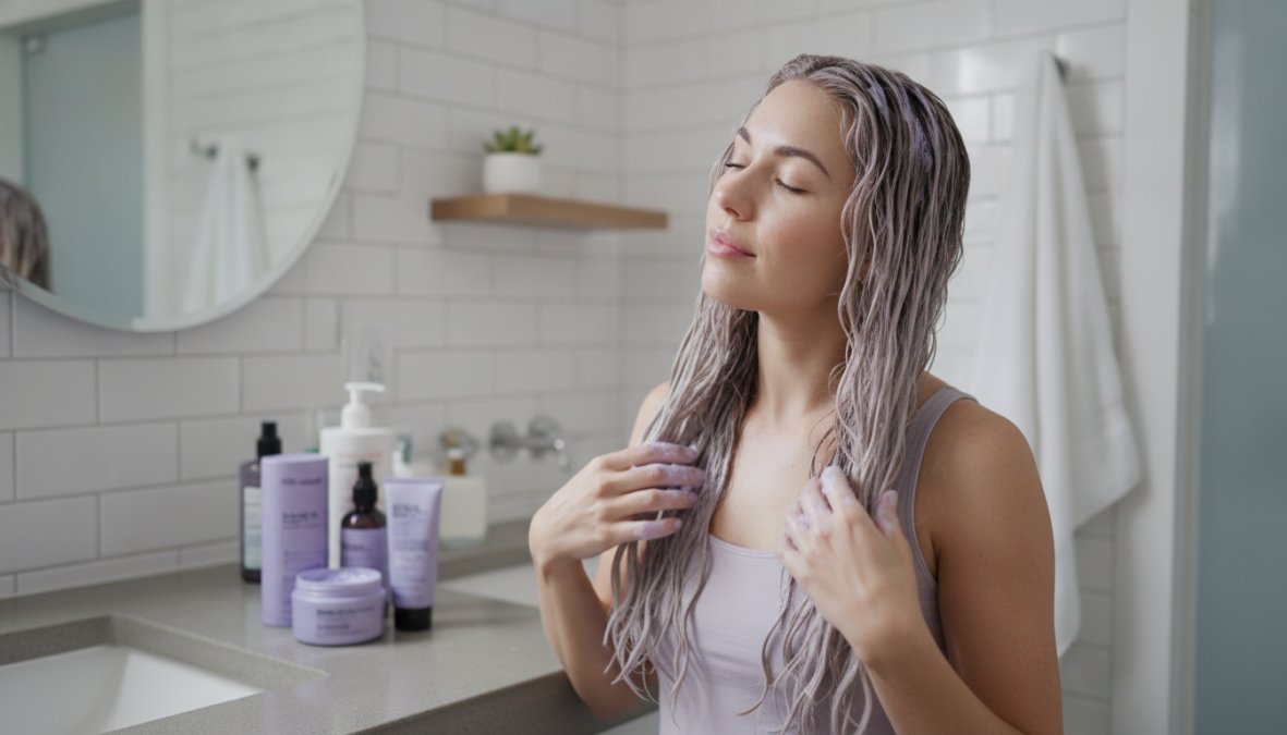 Donna con capelli biondi cenere luminosi che applica una maschera per capelli in un bagno moderno e luminoso, con diversi prodotti per capelli disposti sul piano del lavandino