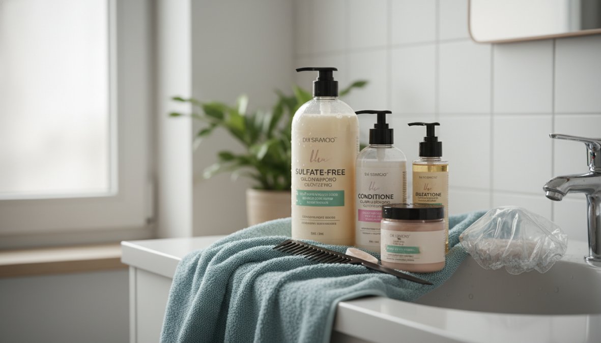 Close-up di una donna che lava delicatamente i capelli colorati di rosso intenso sotto un sottile filo d'acqua tiepida in un bagno moderno, capelli lucenti e sani, luce naturale che filtra dalla finestra