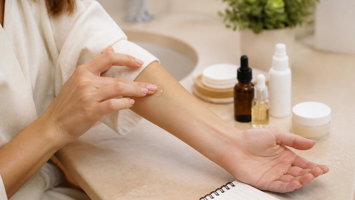 Donna che esegue un patch test applicando una goccia di siero sull'avambraccio per la routine viso naturale