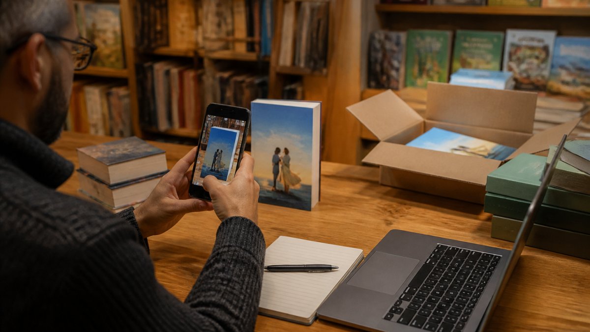 Libraio fotografa la copertina di un libro per ottimizzare la vendita di libri sui marketplace internazionali