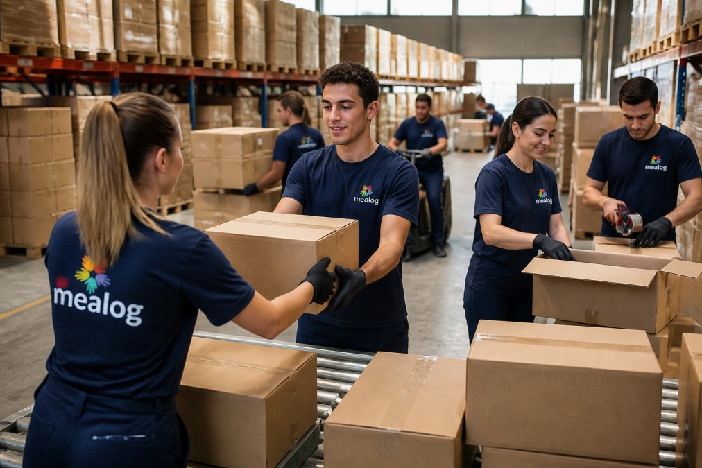 Un team di operatori di magazzino che lavora insieme durante un picco stagionale, con scaffali pieni di merci sullo sfondo, persone che muovono scatole e controllano ordini, illuminazione naturale da finestre alte del magazzino industriale