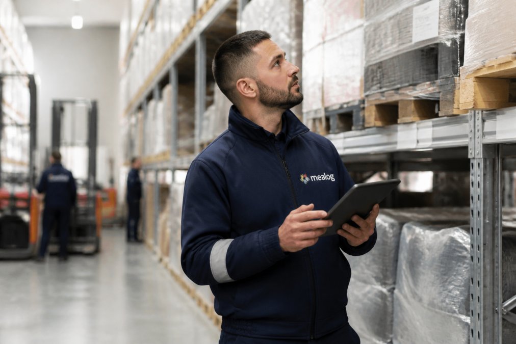 Un responsabile di magazzino che controlla l'organizzazione e la disposizione dei materiali, con tablet in mano per verificare l'inventario, in piedi accanto a scaffali ben organizzati in un magazzino moderno con buona illuminazione