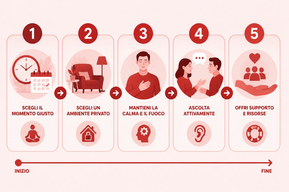 Flowchart showing the 5-step dialogue preparation process: Choose the right time (when sober and calm) → Select a private setting (neutral, comfortable space) → Stay calm and focused (manage your emotions, clarify intent) → Listen actively (open body language, validate feelings) → Offer support and resources (suggest professional help, community support)