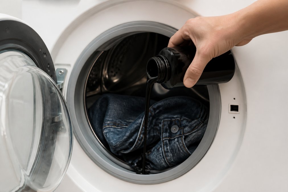 Mani che versano tintura liquida nera in una lavatrice aperta, con jeans blu sbiaditi visibili nel cestello, illuminati da luce naturale