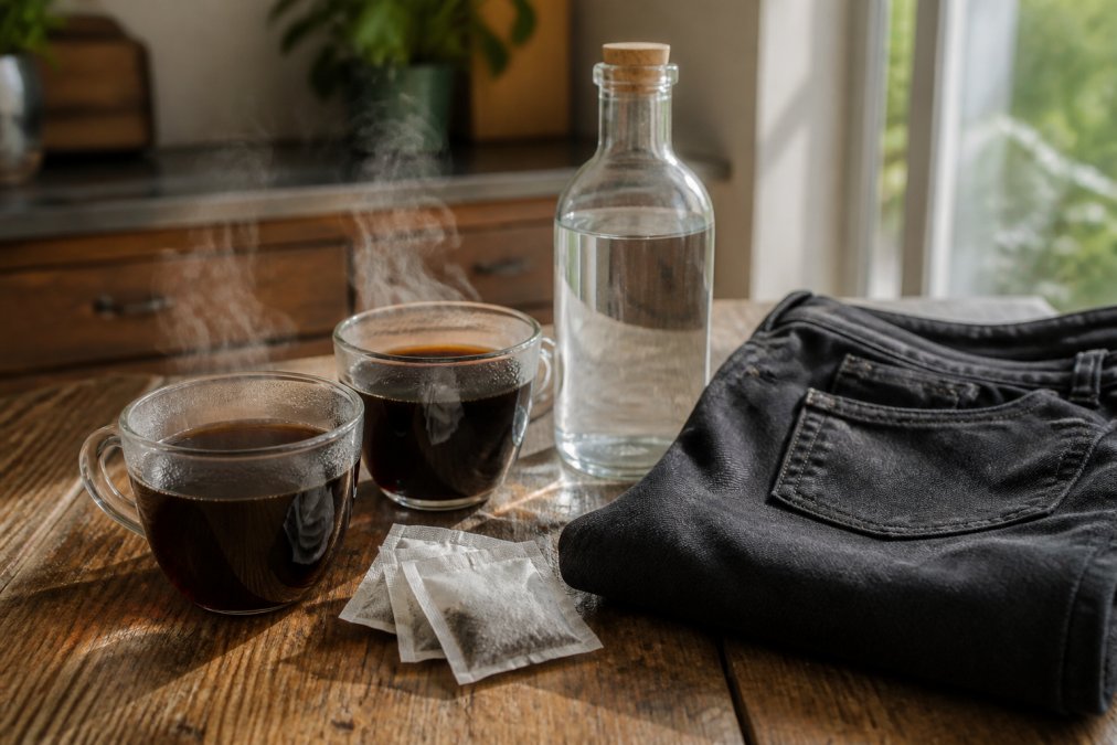 Tavolo di cucina con ingredienti naturali: tazze di caffè caldo fumante, bustine di tè nero, bottiglia di aceto bianco trasparente, e un pezzo di denim nero sbiadito posizionato accanto, illuminati da luce naturale