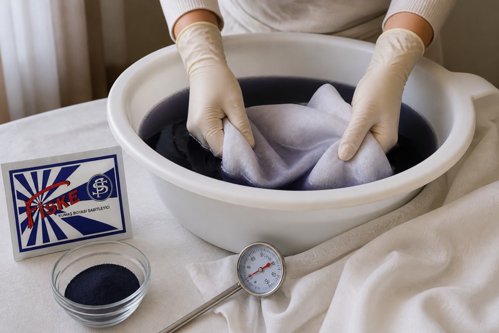Mani che immergono un tessuto di cotone bianco sbiadito in una bacinella di acqua calda colorata, con la tintura in polvere visibile accanto e un termometro che misura la temperatura