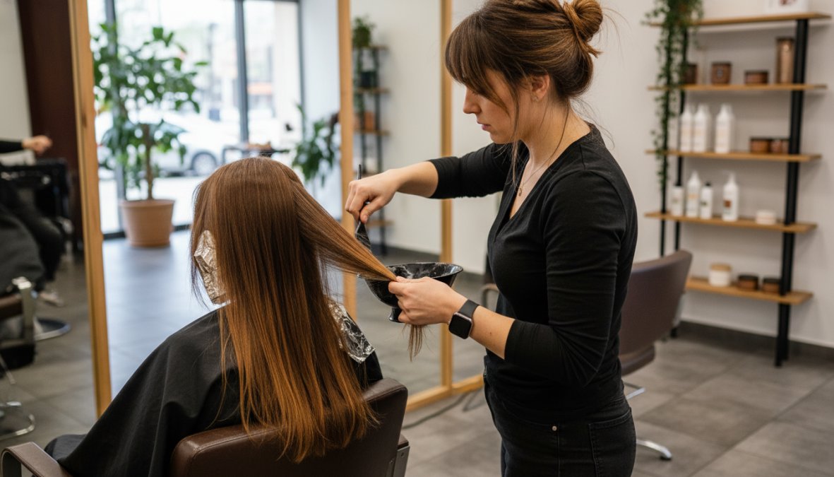 Parrucchiera professionista che applica la tecnica del balayage su capelli castani di una cliente seduta in salone, con pennello largo in mano e sezioni di capelli separate, illuminazione calda del salone visibile sullo sfondo