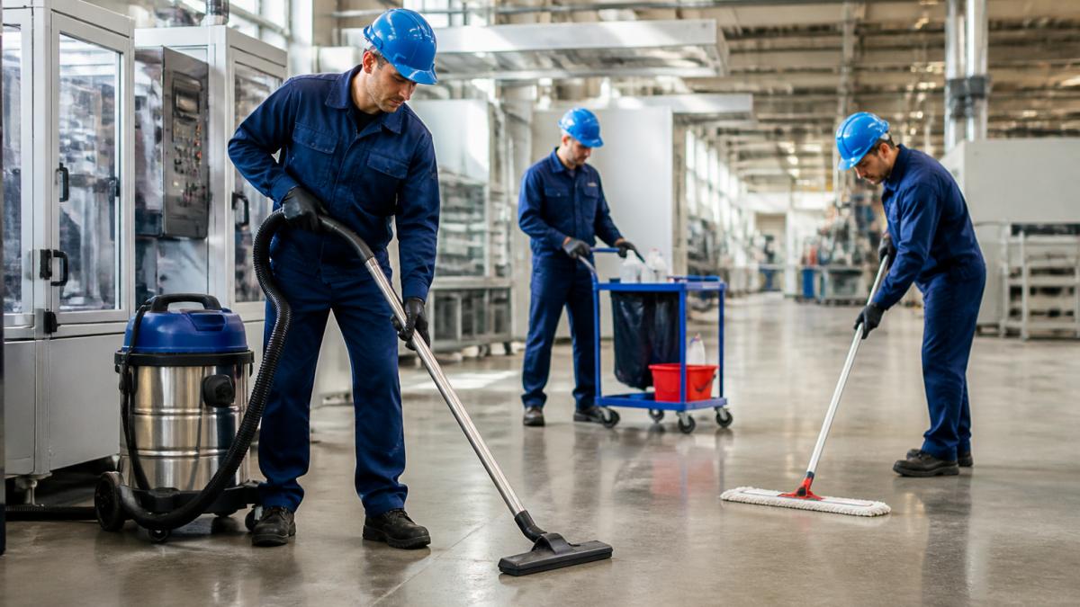 Team di operai professionisti in divisa blu con attrezzature di pulizia industriale (aspirapolvere professionale, detergenti) che pulisce una superficie in uno stabilimento manifatturiero durante un intervento di igienizzazione