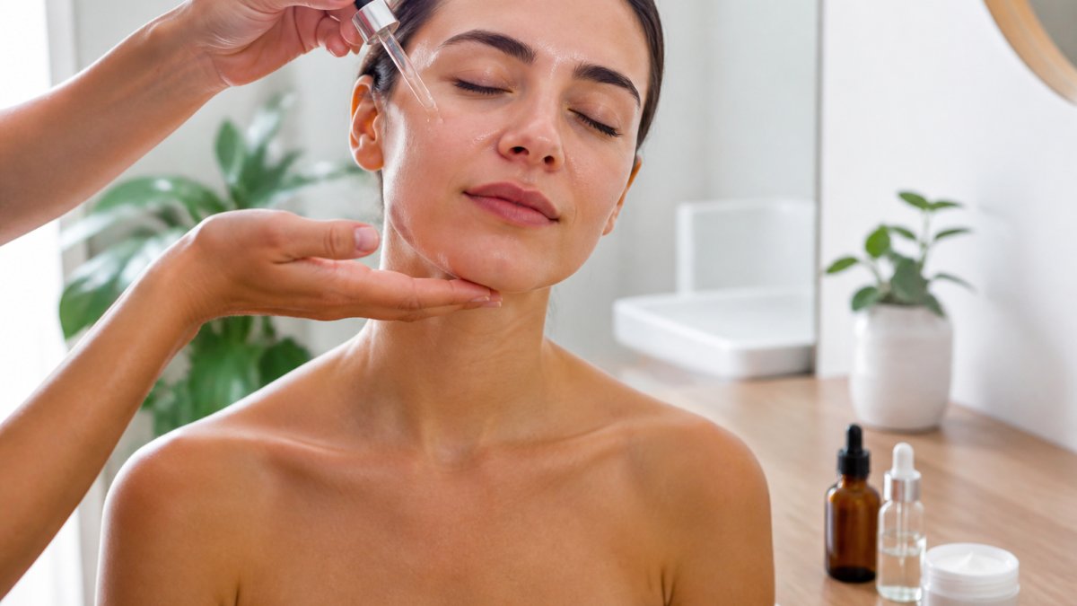 Mani che applicano alcune gocce di siero idratante sul viso di una donna in un bagno luminoso e naturale.