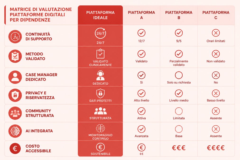 Matrice di valutazione che analizza i criteri per un efficace supporto digitale dipendenze tra clinica e privacy.