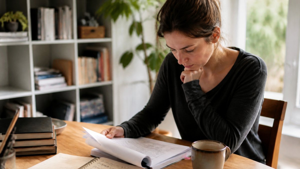 Scrittrice al lavoro sulla scaletta di un thriller psicologico con appunti e caffè sulla scrivania