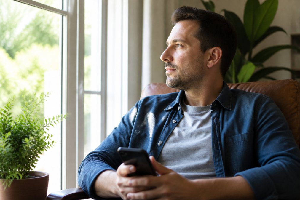 Persona che tiene uno smartphone con un'espressione consapevole e determinata, seduta in un ambiente tranquillo e luminoso con luce naturale che entra dalle finestre, simboleggiando il primo passo verso il recupero