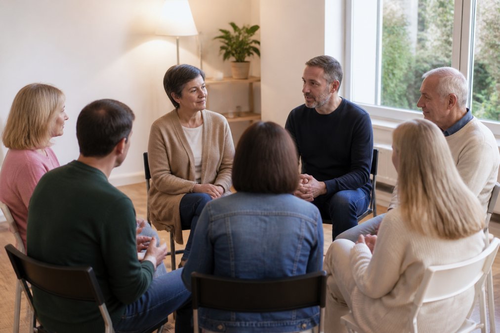 Gruppo di persone in cerchio che si supportano mutuamente durante una sessione di condivisione in una stanza luminosa e accogliente, con un'atmosfera di fiducia, comprensione e solidarietà