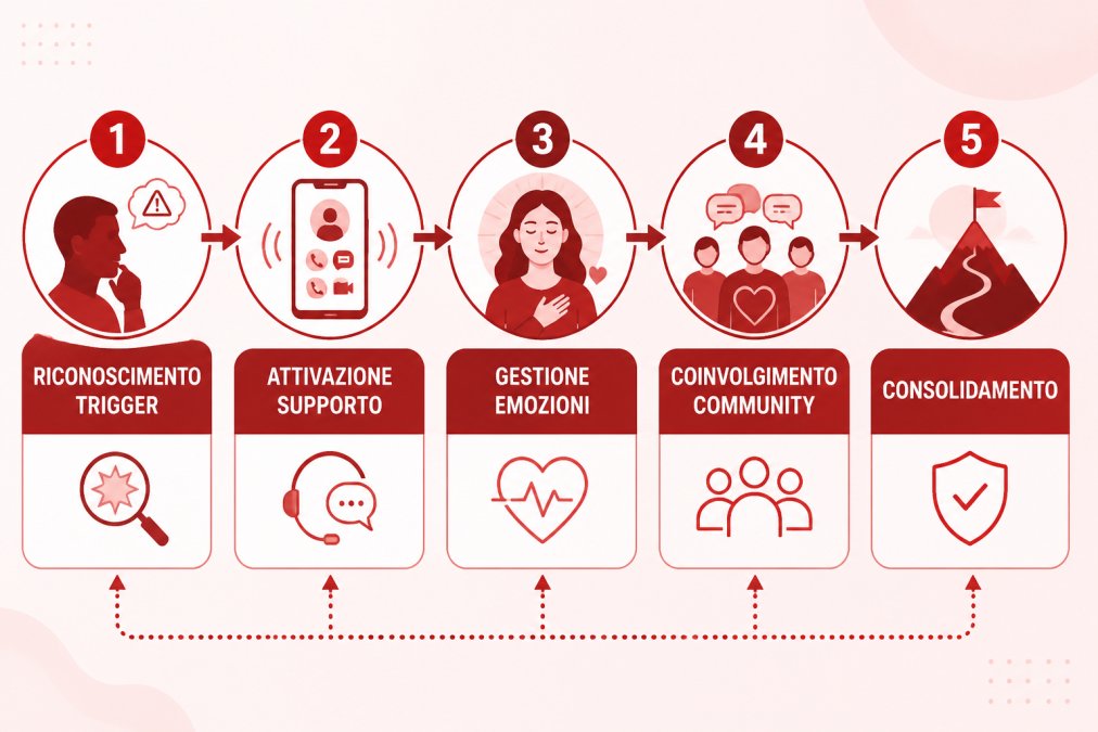 Diagramma a 5 fasi per superare dipendenza senza comunità gestendo trigger, emozioni e supporto quotidiano.