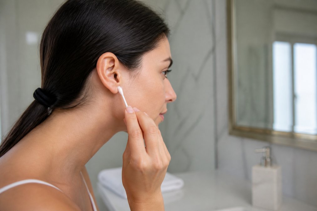 Donna che applica una crema dietro l'orecchio con un cotton fioc per testare nuovi prodotti skincare in sicurezza.