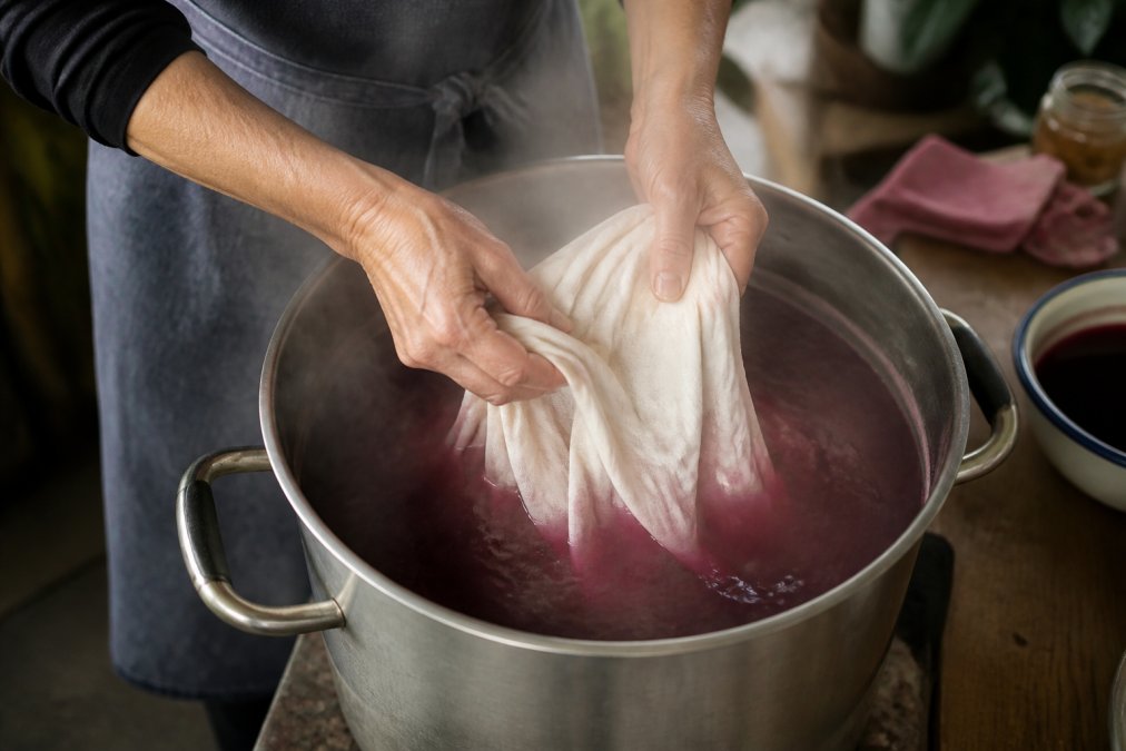 Primo piano delle mani che immergono un capo di cotone bianco in un grande pentolone con acqua colorata, con vapore che sale dalla tintura calda