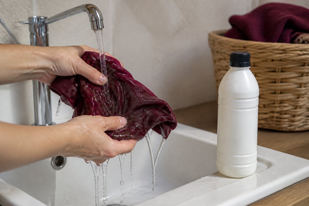Un capo tinto appena risciacquato sotto l'acqua corrente, con gocce d'acqua che scorrono dal tessuto, accanto a una bottiglia di agente fissante