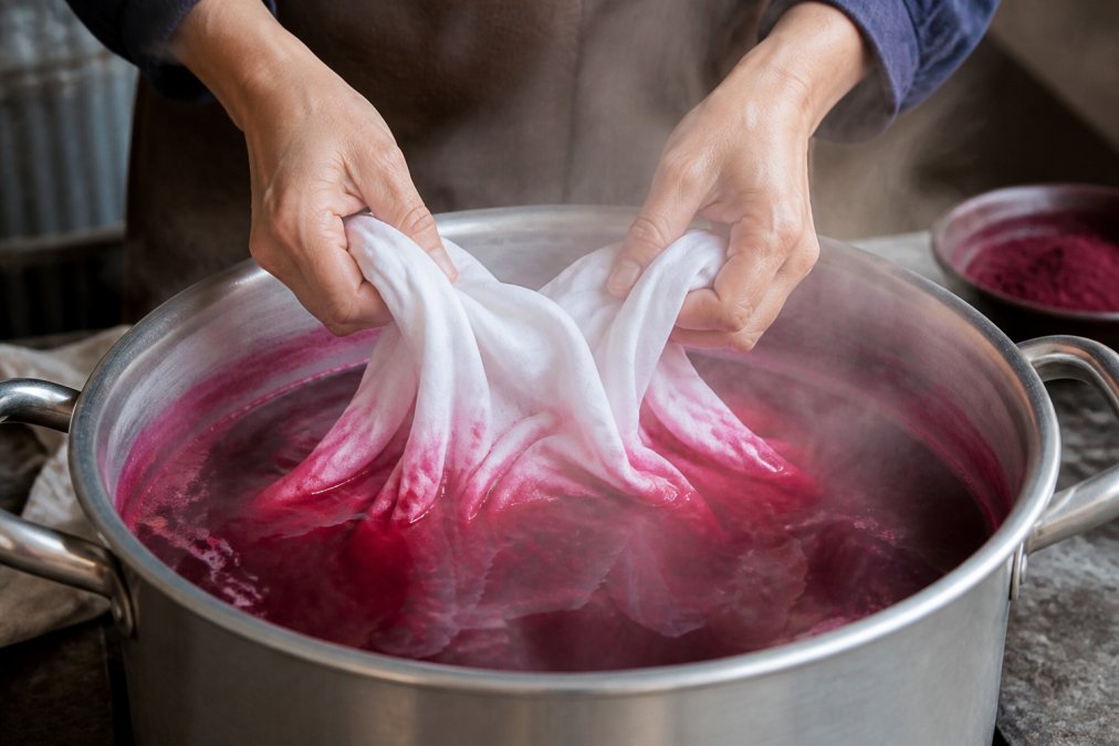 Mani che immergono delicatamente un capo di cotone bianco in una grande pentola di smalto piena di bagno di tintura vibrante, con vapore che sale, mostrando la corretta tecnica di immersione