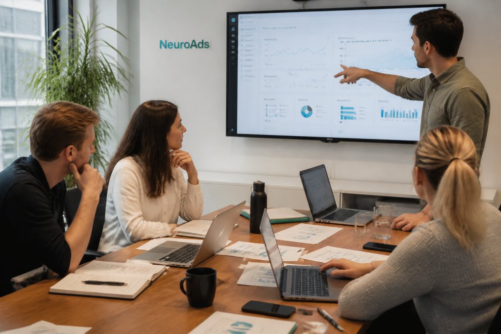 Marketing team collaborating around a table with laptops and notebooks, reviewing analytics dashboards and campaign performance metrics on multiple monitors in a modern office with natural light