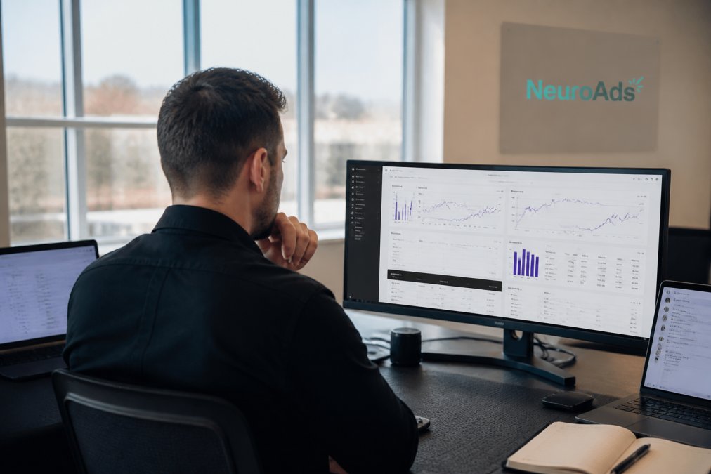 Marketing strategist at desk reviewing AI-powered campaign recommendations and performance predictions on computer screen in modern office environment with multiple windows showing real-time data
