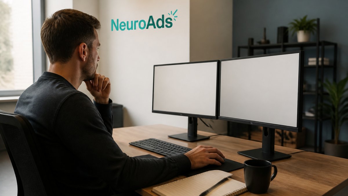 A paid media manager at a DTC brand reviewing campaign performance dashboards on two monitors in a modern office, with a notebook and coffee on the desk
