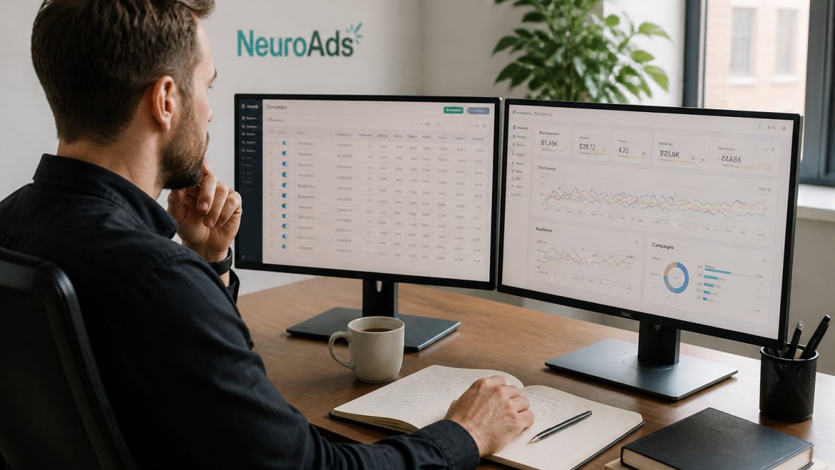 A paid media manager at a desk with two monitors showing advertising dashboards and campaign metrics, notebook and coffee nearby in a bright office
