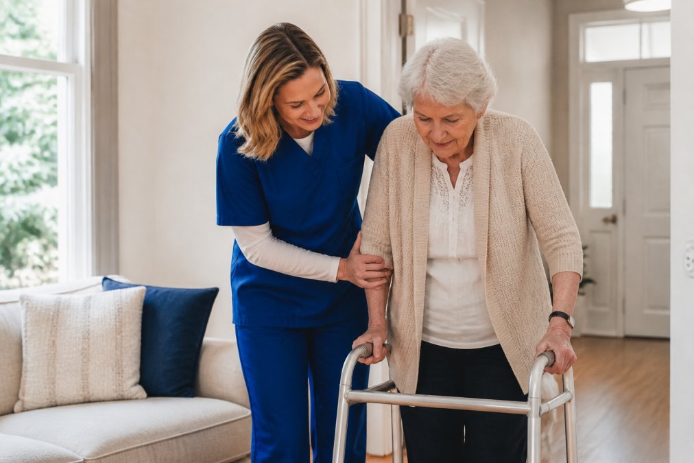 Caregiver assisting an elderly adult with mobility and daily activities in a bright, comfortable home setting, showing compassionate hands-on support and gentle guidance