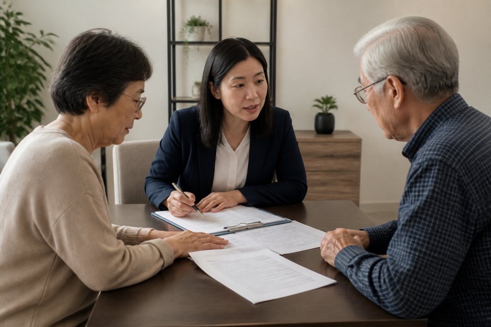 Adult child and elderly parent meeting with a home care coordinator in a professional office setting, reviewing personalized care plan documents and discussing needs with warm, attentive engagement