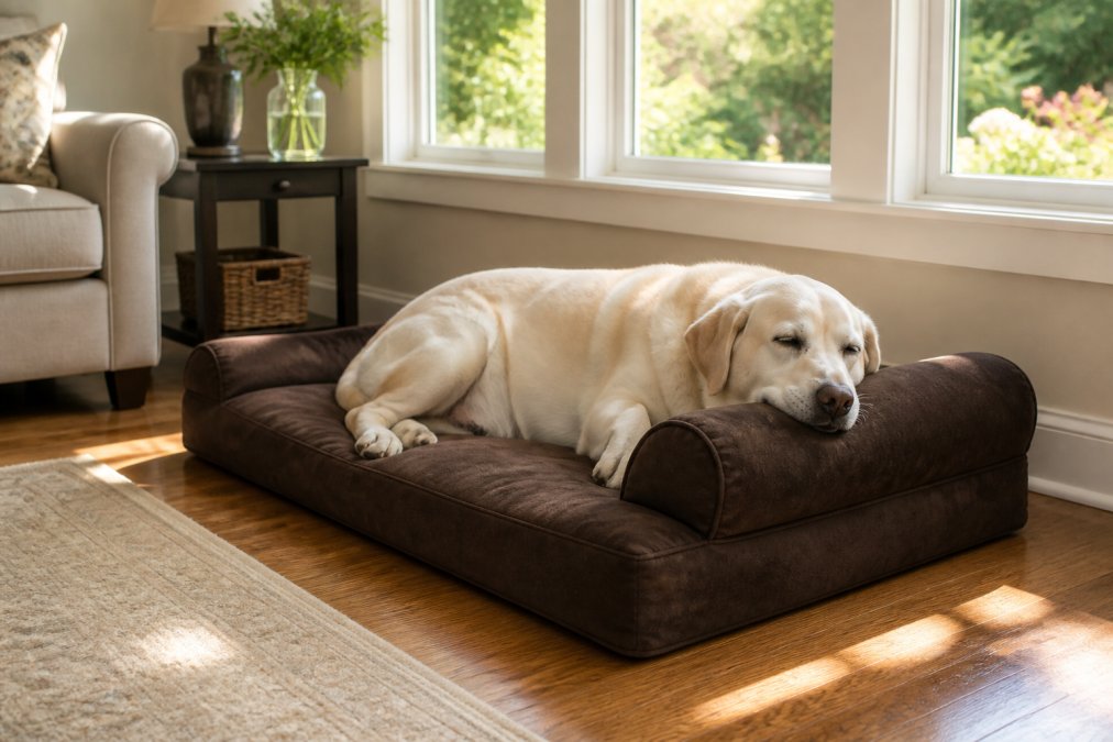 A large senior Labrador retriever resting peacefully on a thick chocolate-brown orthopedic dog bed with a raised headrest, placed in a sunny corner of a bright living room with hardwood floors