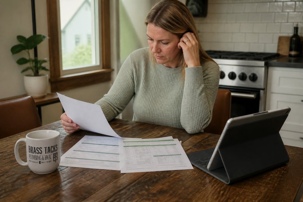 Homeowner comparing service quotes and pricing for Aquarius reviews at a kitchen table