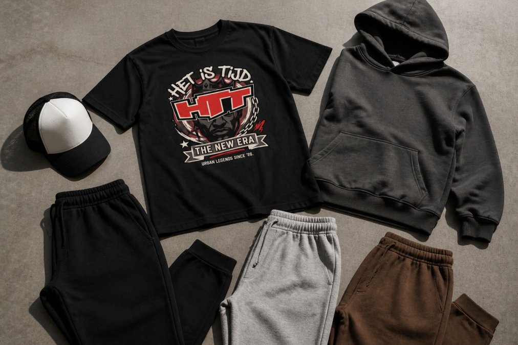 Primer plano de diferentes prendas de streetwear explicadas sobre un fondo neutro: una camiseta de algodón, una sudadera con capucha, un pantalón de chándal y una gorra trucker de distintos colores y tejidos, con iluminación natural