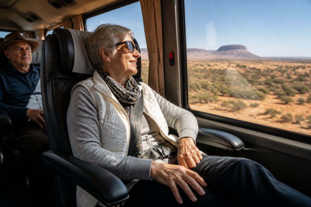 Mature travellers relaxing inside a spacious 4WD coach with reclining seats and large windows, scenic outback landscape visible, warm natural light streaming through glass