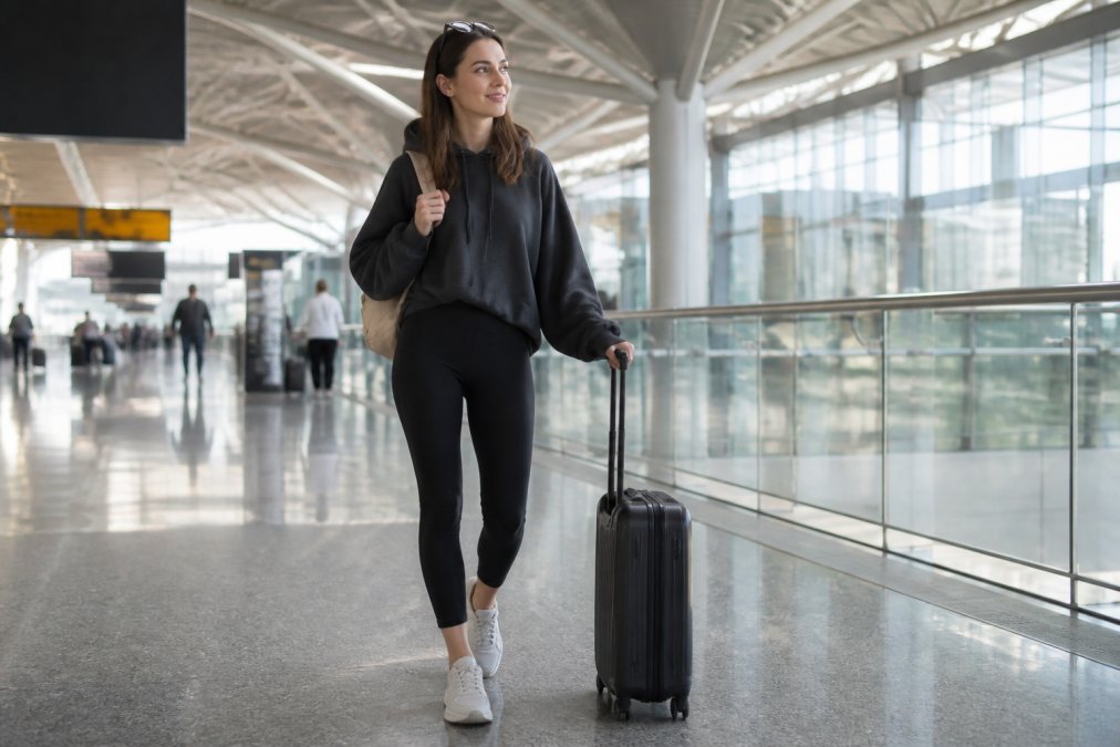 A woman in stylish black high-waisted leggings and a relaxed hoodie walking through a bright airport terminal with a carry-on suitcase, looking comfortable and put-together
