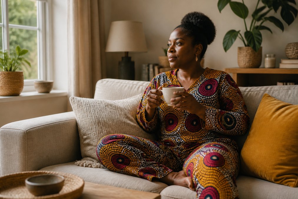 A woman relaxing at home in a colourful African print loungewear co-ord set, sitting on a sofa with a cup of tea, soft natural light through a window, warm and calm atmosphere