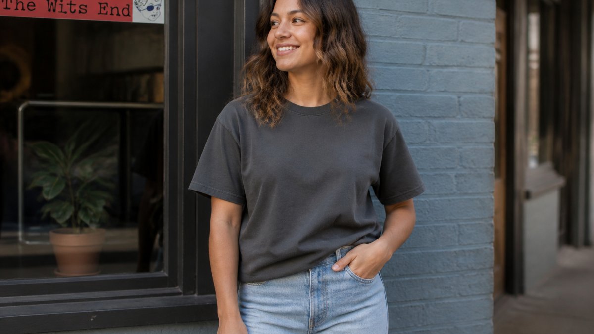 Woman wearing a relaxed-fit graphic t-shirt styled casually with jeans, showing natural drape and comfortable fit across shoulders and torso in natural daylight