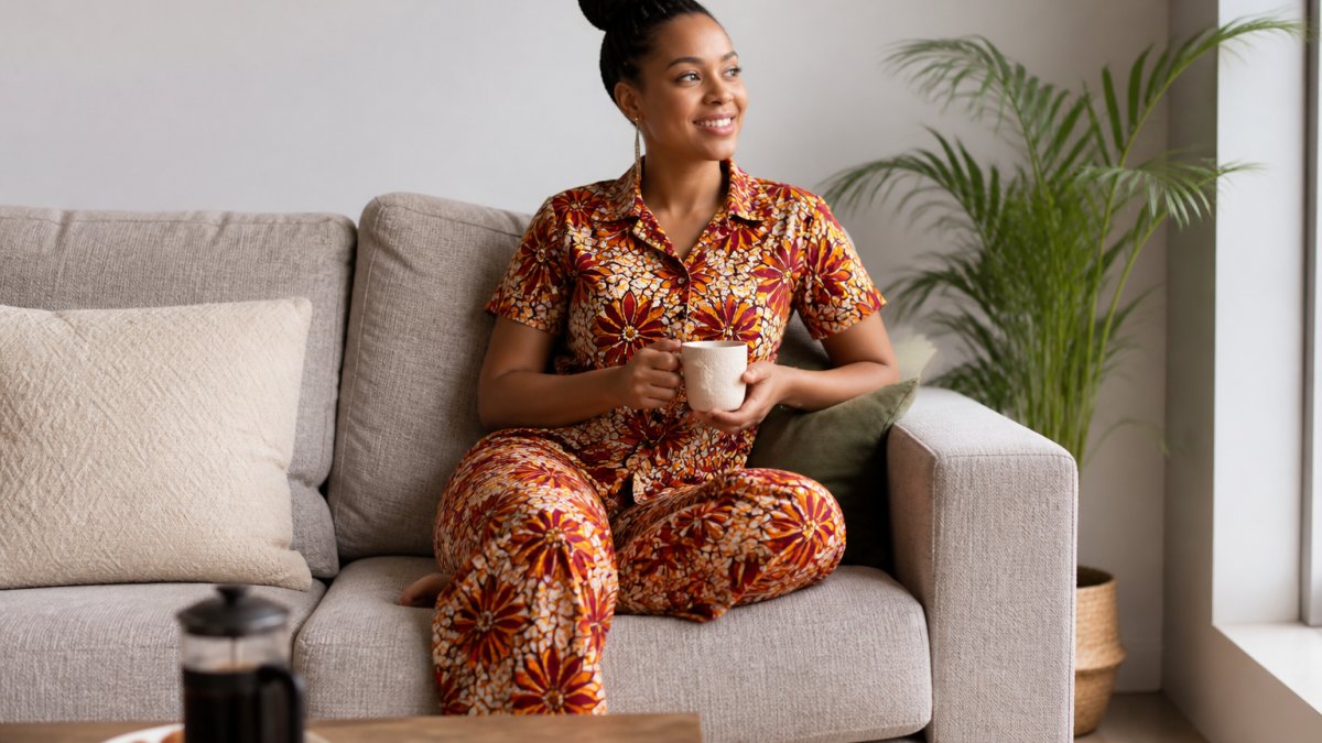 A person wearing a vibrant Ankara print co-ord set, relaxing on a sofa at home with a coffee cup nearby, natural daylight