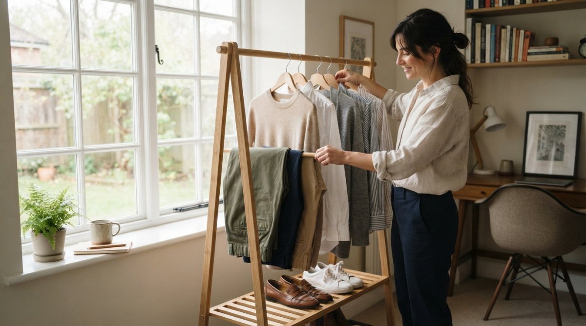 Woman sitting at a home desk wearing layered neutral-toned clothing, a soft knit blazer over a button-down blouse with tailored chinos visible, working on a laptop with natural light from a window