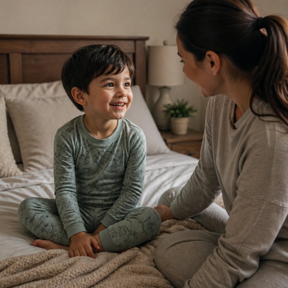 Young child in soft bamboo pajamas sitting comfortably on a bed next to a parent in a cozy bedroom