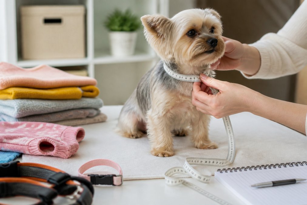 Close-up of hands gently measuring a small dog's neck and chest with a soft measuring tape, with the dog sitting calmly on a light-colored surface