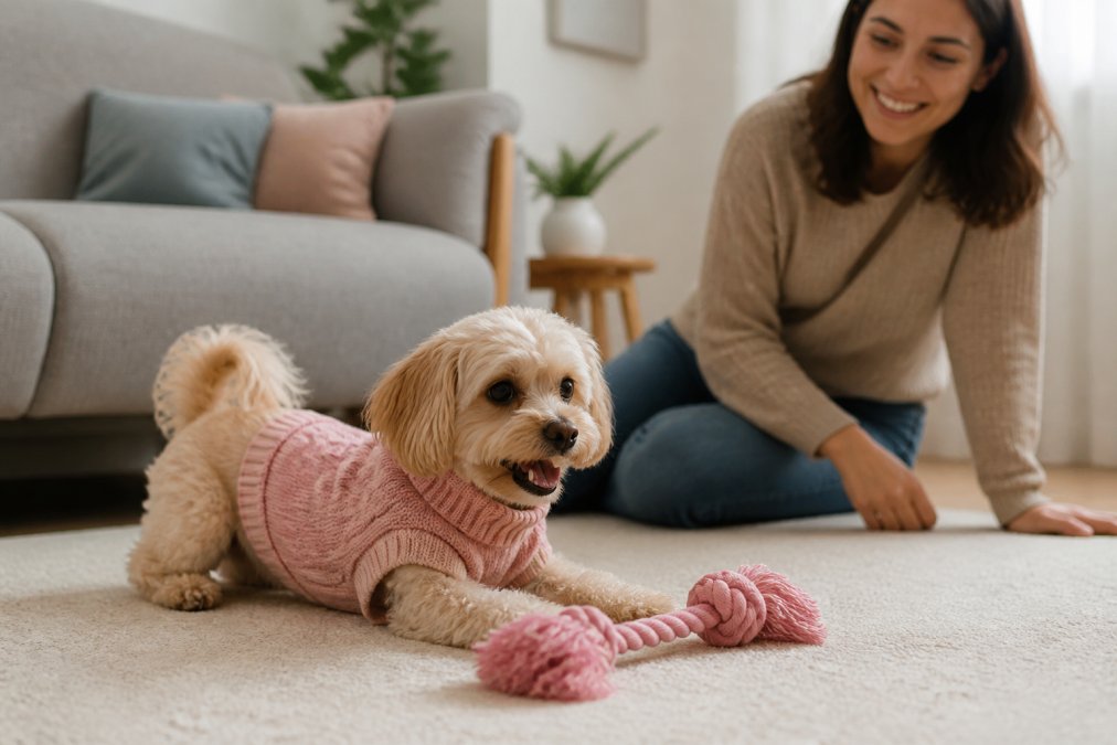 A small dog wearing a comfortable sweater indoors, playing happily with a toy while the owner watches with a smile nearby